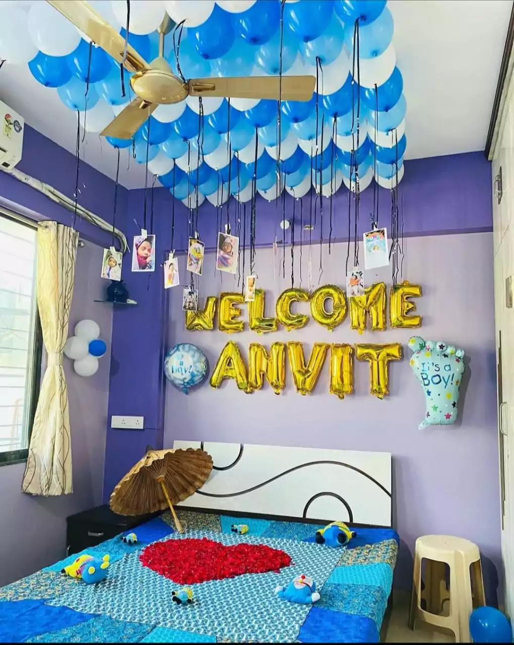 Welcome Baby Blue & White Balloons Decoration